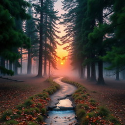 A serene forest landscape at sunrise, with mist gently rising from the ground