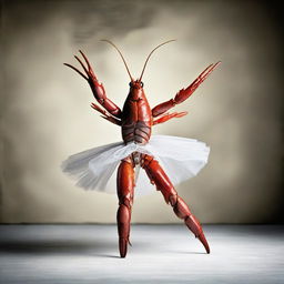 A crayfish styled as a ballerina striking a dramatic pose, in a setting that evokes a sense of history. The image is shot in the style of a captivating, dramatic photograph.