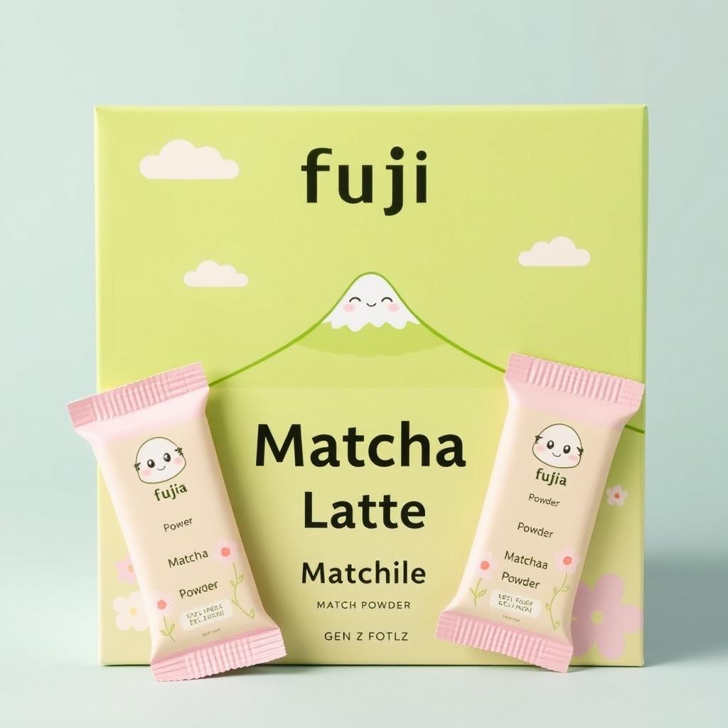 A square box of matcha latte stick packs, featuring soft pastel colors like green, soft pink, and soft beige