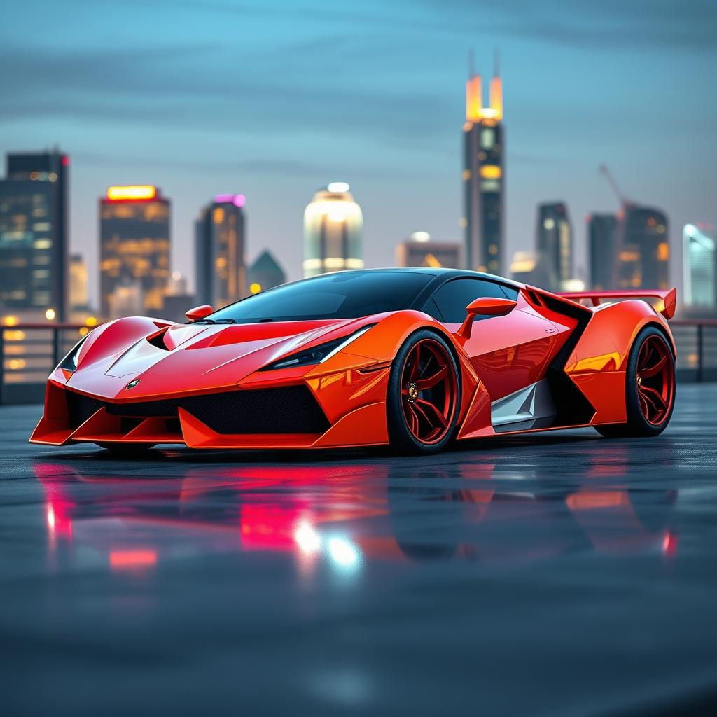A futuristic prototype car that combines the aggressive designs of a Lamborghini and a Ferrari