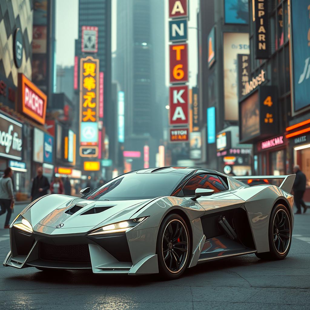 An aggressive prototype car that blends futuristic design elements with retro style reminiscent of 1986