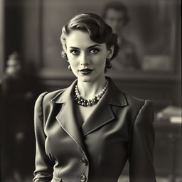 A vintage black and white portrait of a 20-year-old Baltic politician styled in the 1930s fashion, exuding a sexy and confident allure