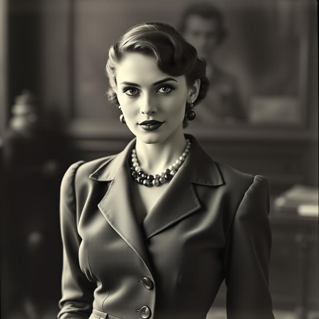 A vintage black and white portrait of a 20-year-old Baltic politician styled in the 1930s fashion, exuding a sexy and confident allure