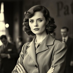 A vintage black and white portrait of a 20-year-old Baltic politician styled in the 1930s fashion, exuding a sexy and confident allure