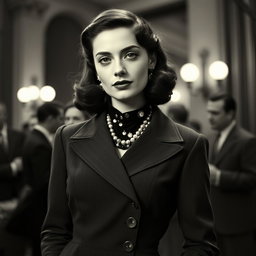 A vintage black and white portrait of a 20-year-old Baltic politician styled in the 1930s fashion, exuding a sexy and confident allure