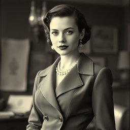 A vintage black and white portrait of a 20-year-old Baltic politician styled in the 1930s fashion, exuding a sexy and confident allure
