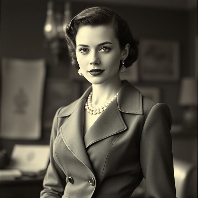 A vintage black and white portrait of a 20-year-old Baltic politician styled in the 1930s fashion, exuding a sexy and confident allure