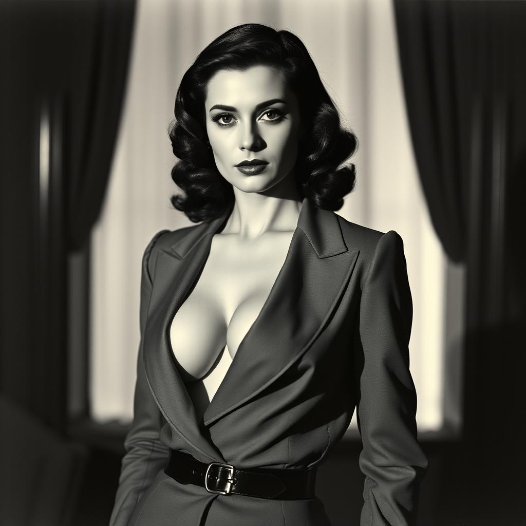 A vintage black and white portrait of a 20-year-old Baltic politician from the 1930s, radiating a sexy and confident aura