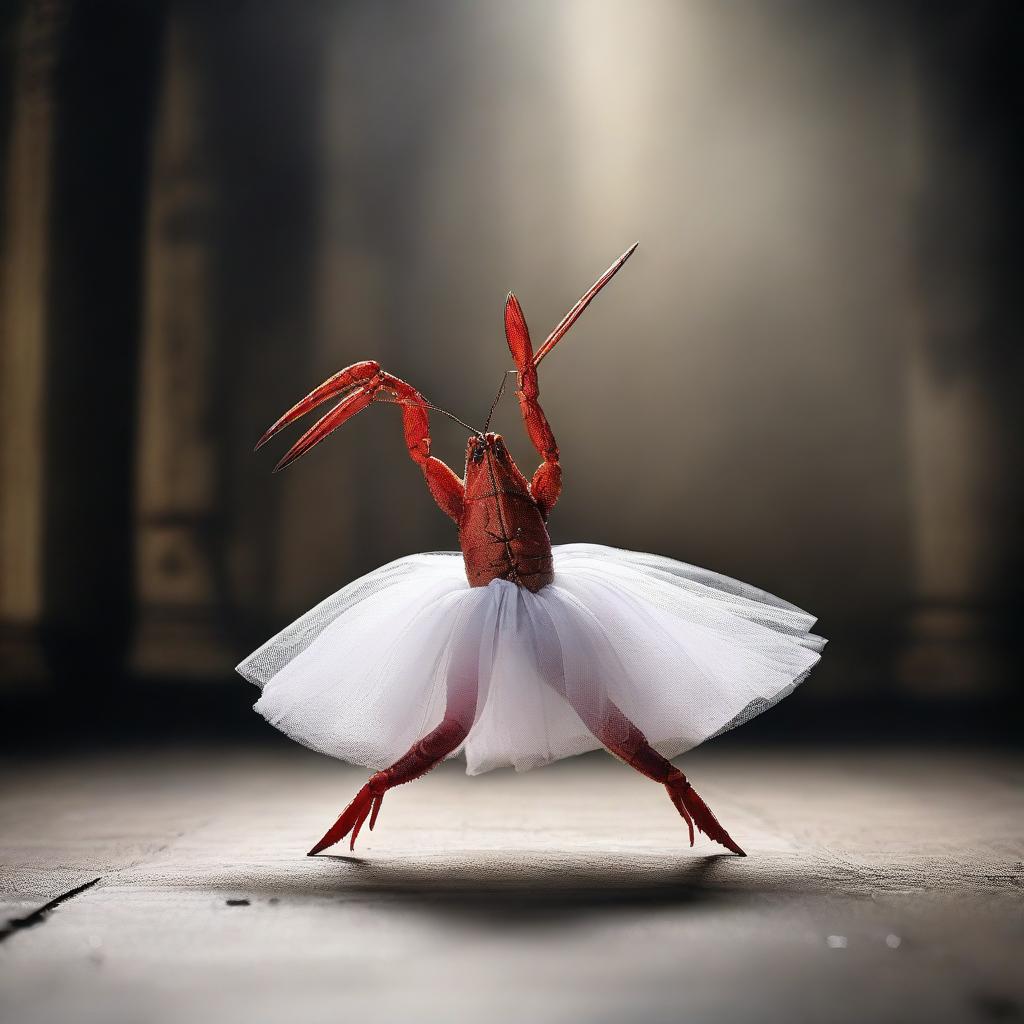 A crayfish styled as a ballerina striking a dramatic pose, in a setting that evokes a sense of history. The image is shot in the style of a captivating, dramatic photograph.