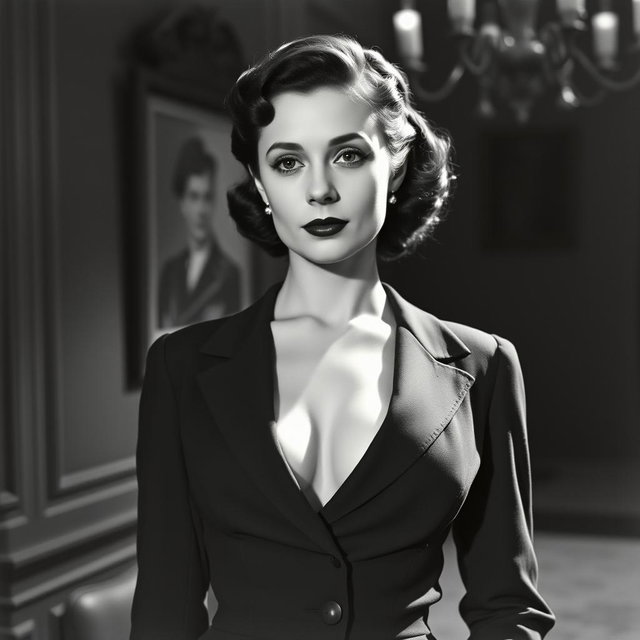 A vintage black and white portrait of a 20-year-old Baltic politician from the 1930s, radiating a sexy and confident aura