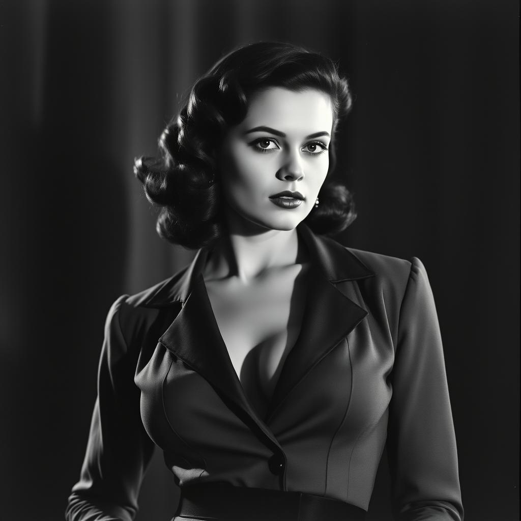 A vintage black and white portrait of a 20-year-old Baltic politician from the 1930s, exuding a sexy and bold charm