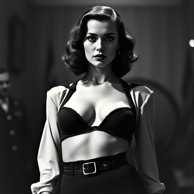 A vintage black and white portrait of a 20-year-old Baltic politician from the 1930s, depicted with a sexy and captivating presence