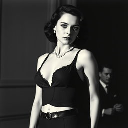 A vintage black and white portrait of a 20-year-old Baltic politician from the 1930s, depicted with a sexy and captivating presence