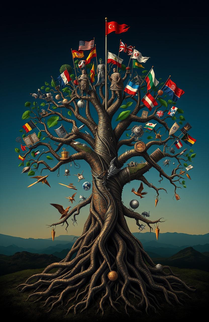An artistic representation of the concept of conquest, depicting a stylized tree of roots intertwined with elements symbolizing various conquests throughout history