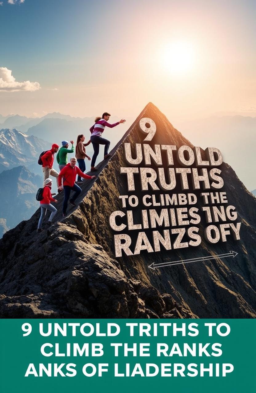 An inspiring and motivational scene depicting a group of diverse leaders scaling a majestic mountain peak, with the sun rising in the background illuminating the path ahead