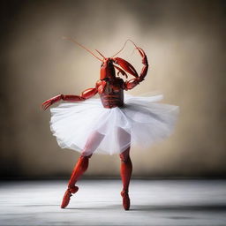 A crayfish styled as a ballerina striking a dramatic pose, in a setting that evokes a sense of history. The image is shot in the style of a captivating, dramatic photograph.