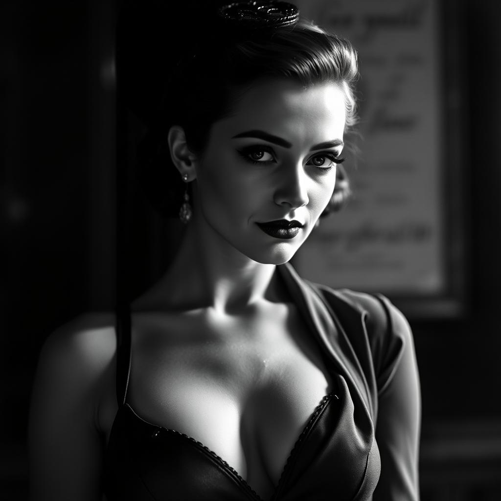 A striking black and white portrait of a Baltic politician from the 1930s, portrayed as a 20-year-old with a sexy and confident demeanor