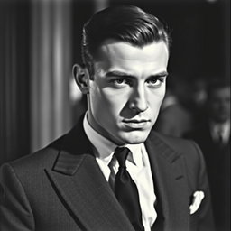 A vintage black and white portrait of a 20-year-old male Baltic politician from the 1930s, embodying a sexy and charismatic presence