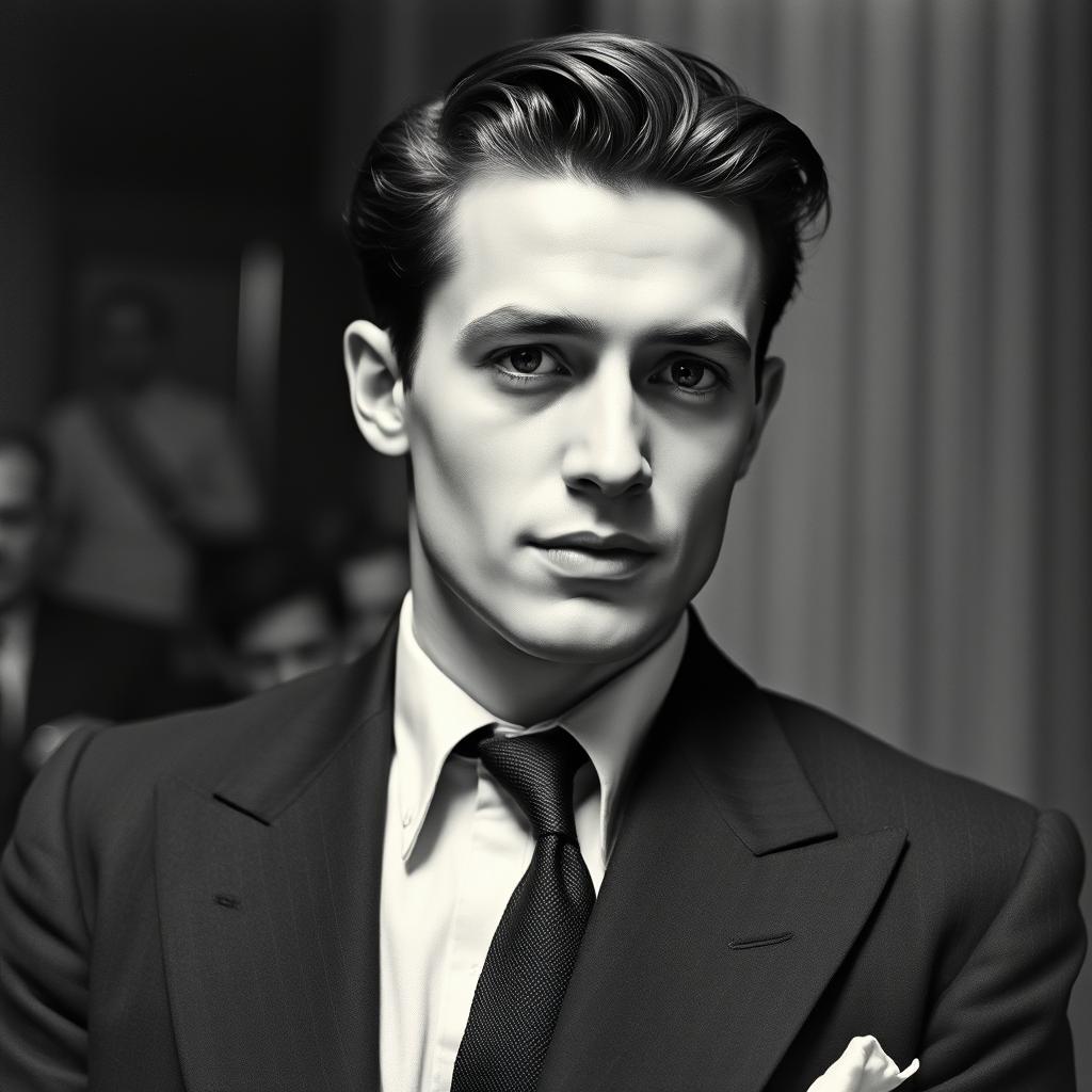 A vintage black and white portrait of a 20-year-old male Baltic politician from the 1930s, embodying a sexy and charismatic presence