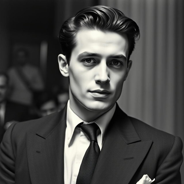 A vintage black and white portrait of a 20-year-old male Baltic politician from the 1930s, embodying a sexy and charismatic presence