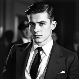 A vintage black and white portrait of a 20-year-old male Baltic politician from the 1930s, embodying a sexy and charismatic presence