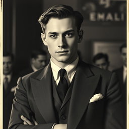 A vintage black and white portrait of a 20-year-old male Baltic politician from the 1930s, embodying a sexy and charismatic presence