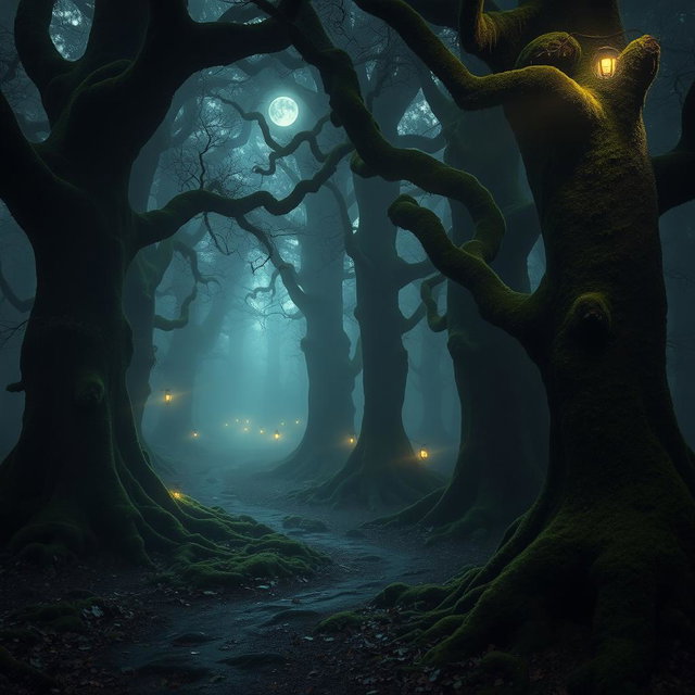A mysterious forest scene set in the enchanting Forest of Dean, filled with towering ancient trees covered in lush green moss, winding pathways softly illuminated by flickering magical lights