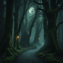 A mysterious forest scene set in the enchanting Forest of Dean, filled with towering ancient trees covered in lush green moss, winding pathways softly illuminated by flickering magical lights
