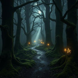 A mysterious forest scene set in the enchanting Forest of Dean, filled with towering ancient trees covered in lush green moss, winding pathways softly illuminated by flickering magical lights