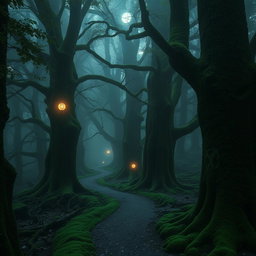 A mysterious forest scene set in the enchanting Forest of Dean, filled with towering ancient trees covered in lush green moss, winding pathways softly illuminated by flickering magical lights