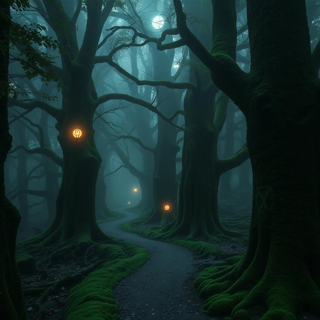 A mysterious forest scene set in the enchanting Forest of Dean, filled with towering ancient trees covered in lush green moss, winding pathways softly illuminated by flickering magical lights