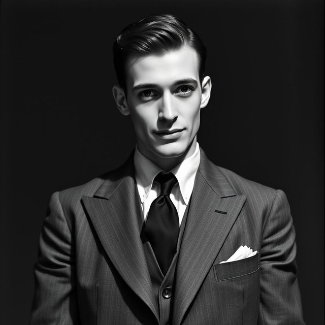 A captivating black and white portrait of a 20-year-old male Baltic politician from the 1930s, radiating a sexy and charismatic charisma