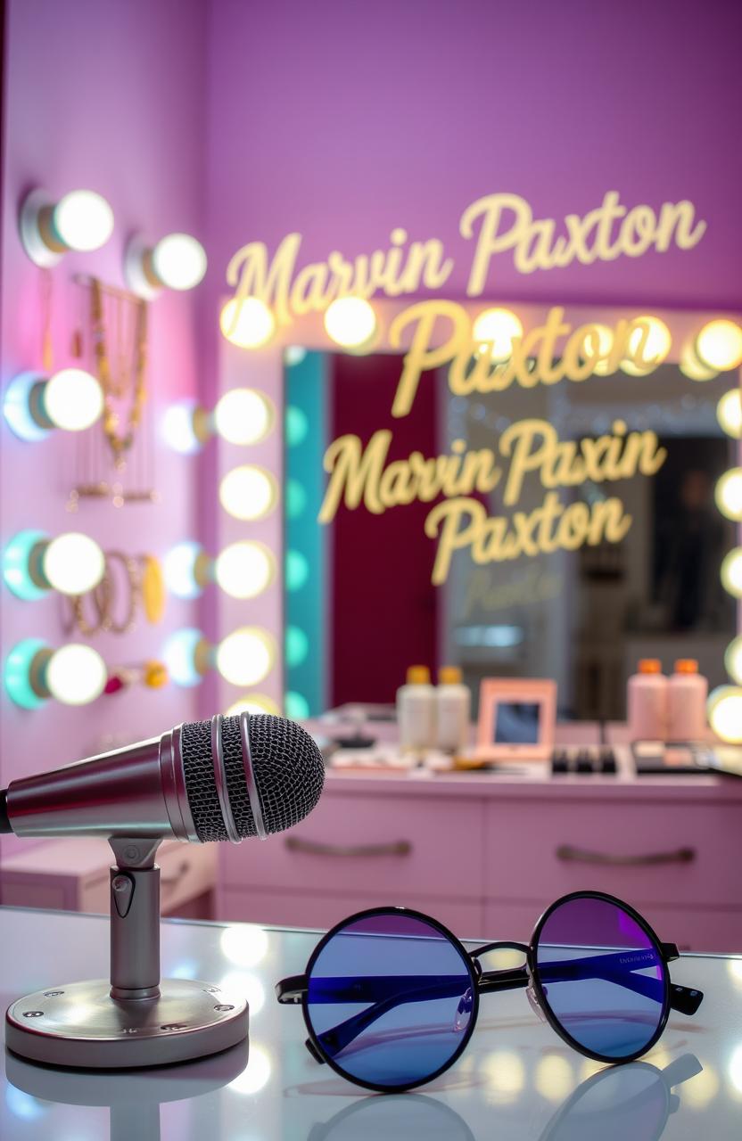 A vibrantly styled dressing room scene featuring stage lights casting colorful glows on a variety of jewelry pieces elegantly displayed