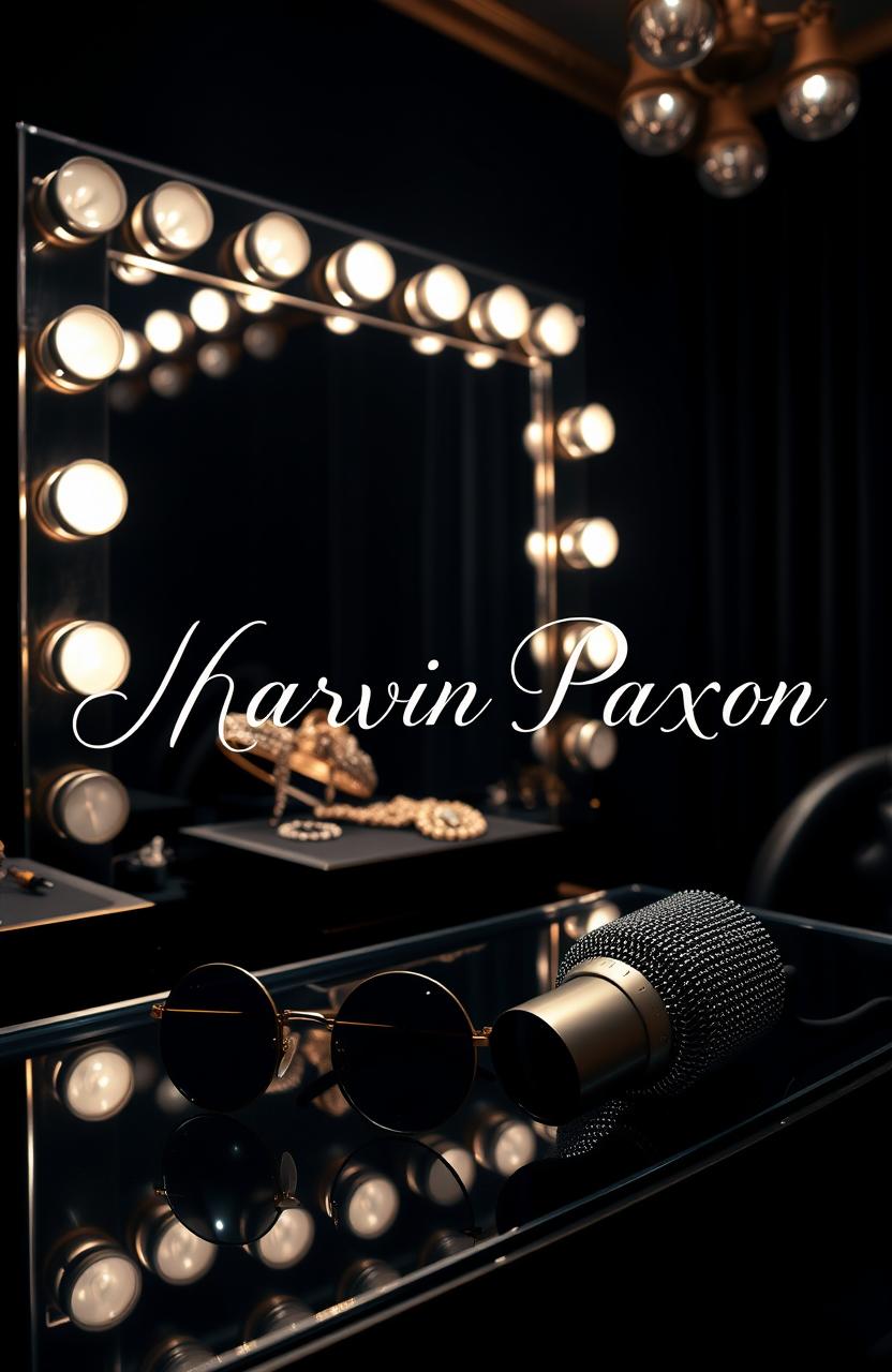 A glamorous black dressing room, highlighted by bright stage lights reflecting off luxurious jewelry displayed elegantly on a vanity table