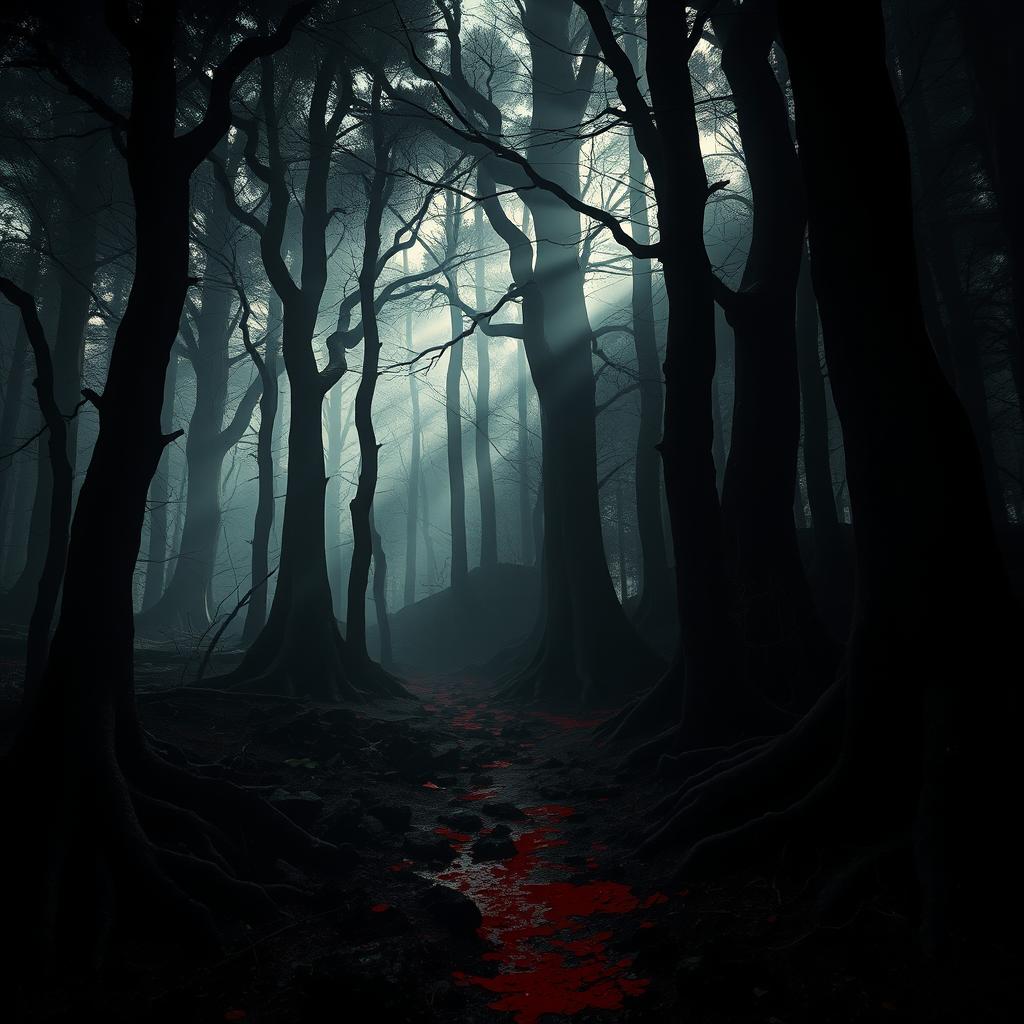 A dark, atmospheric forest landscape, with towering, gnarled trees and a foggy ambiance that thickens the air