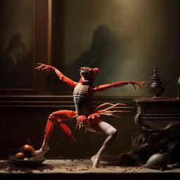 A crayfish styled as a ballerina striking a dramatic pose, in a setting that conjures a sense of history. The scene is taken in the style of a dramatic black and white photograph.