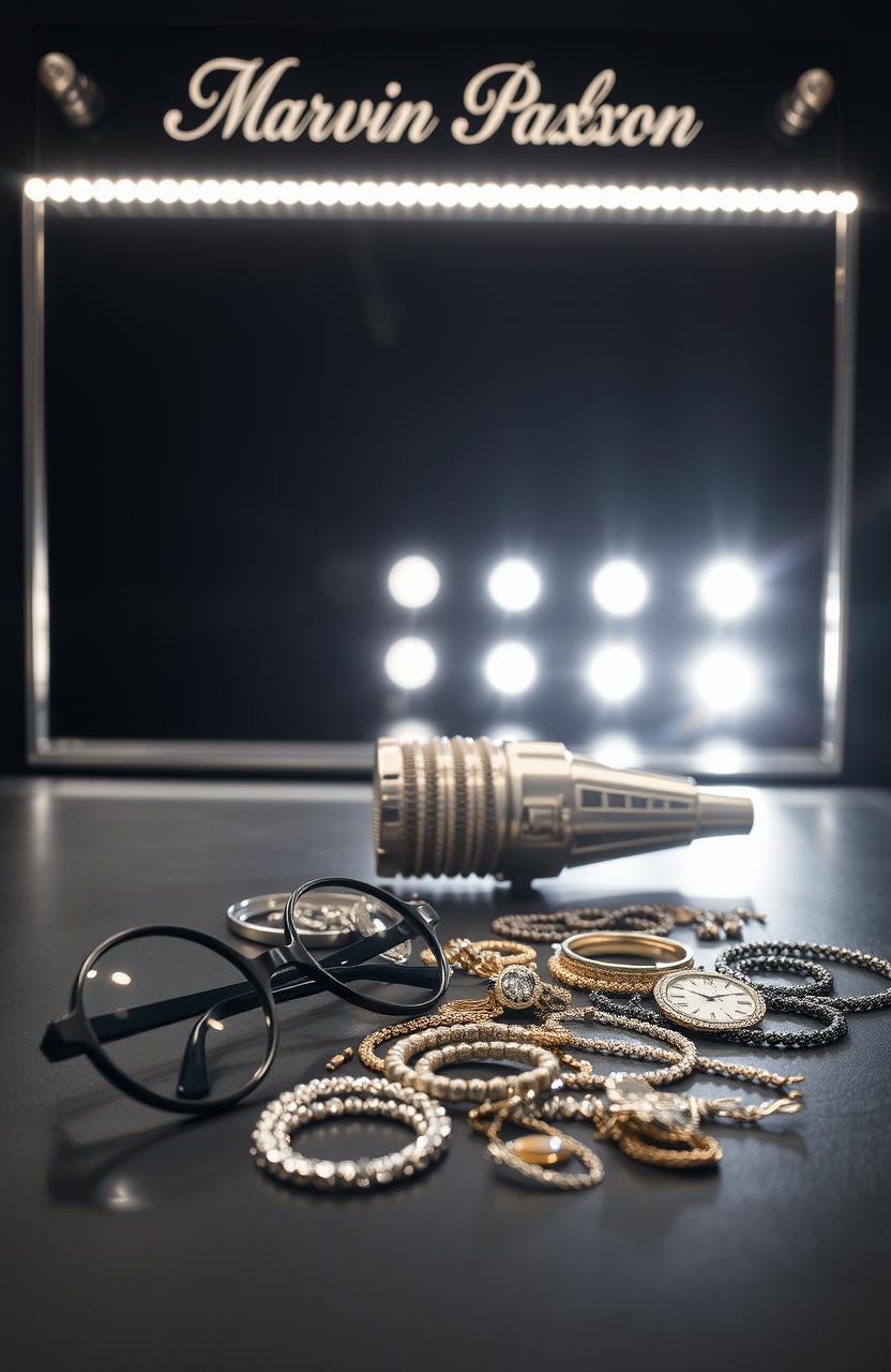 A close-up shot of a stylish black dressing room featuring stage lights shining brightly, illuminating various jewelry pieces scattered artistically on a sleek table