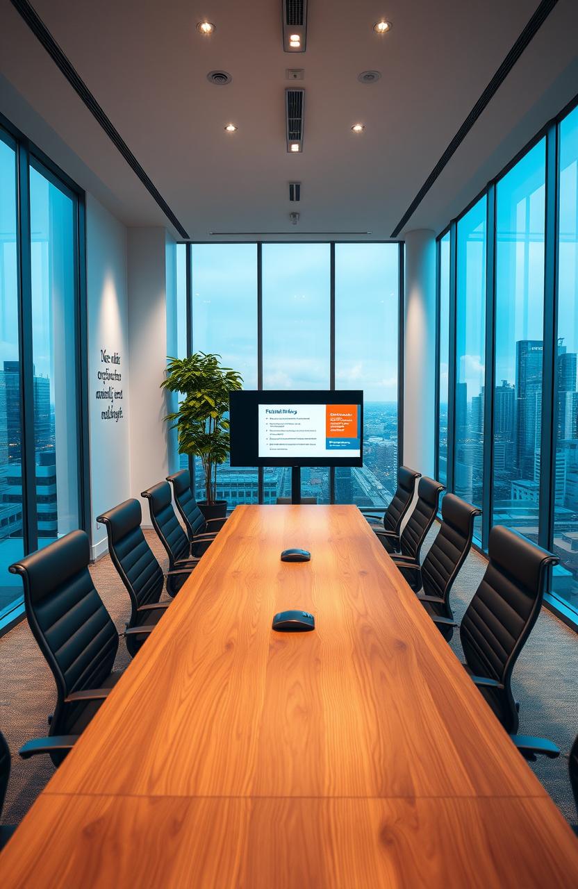 A modern office space showcasing a conference room with large windows and a view of the city skyline, featuring a long wooden table surrounded by sleek ergonomic chairs
