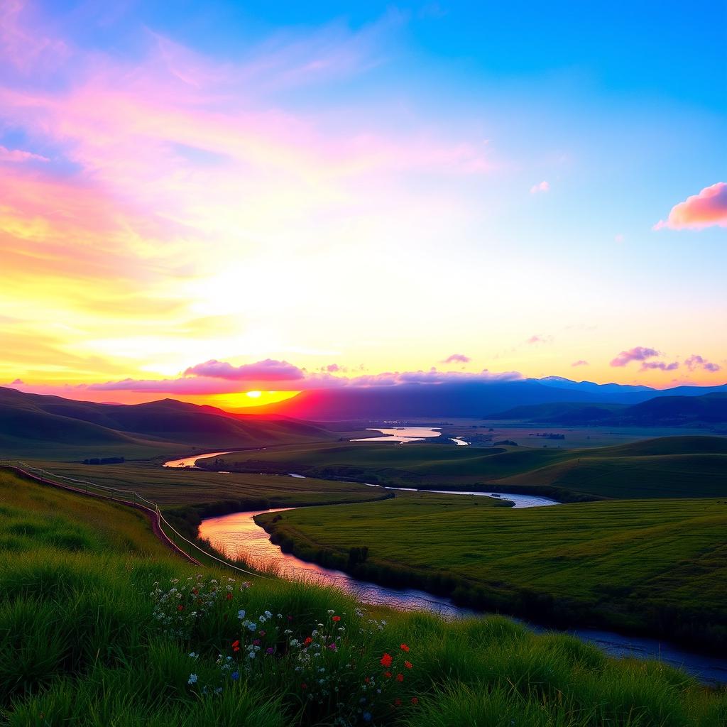 A serene landscape featuring a stunning sunset over rolling hills, with lush green grass and colorful wildflowers in the foreground