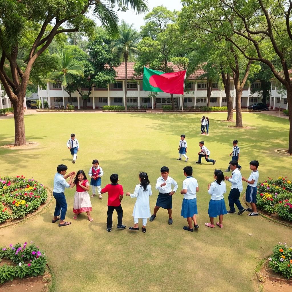 A picturesque school scene set in Bangladesh, featuring a spacious field where several students are energetically playing together