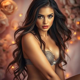 A glamorous portrait of a confident and alluring woman with long flowing hair, dressed in elegant lingerie, adorned with lace and satin