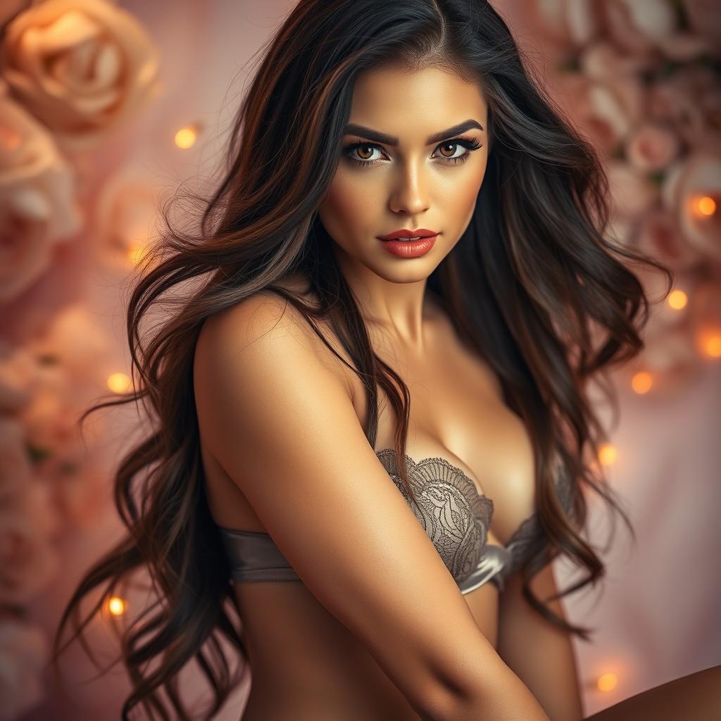 A glamorous portrait of a confident and alluring woman with long flowing hair, dressed in elegant lingerie, adorned with lace and satin