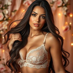 A glamorous portrait of a confident and alluring woman with long flowing hair, dressed in elegant lingerie, adorned with lace and satin