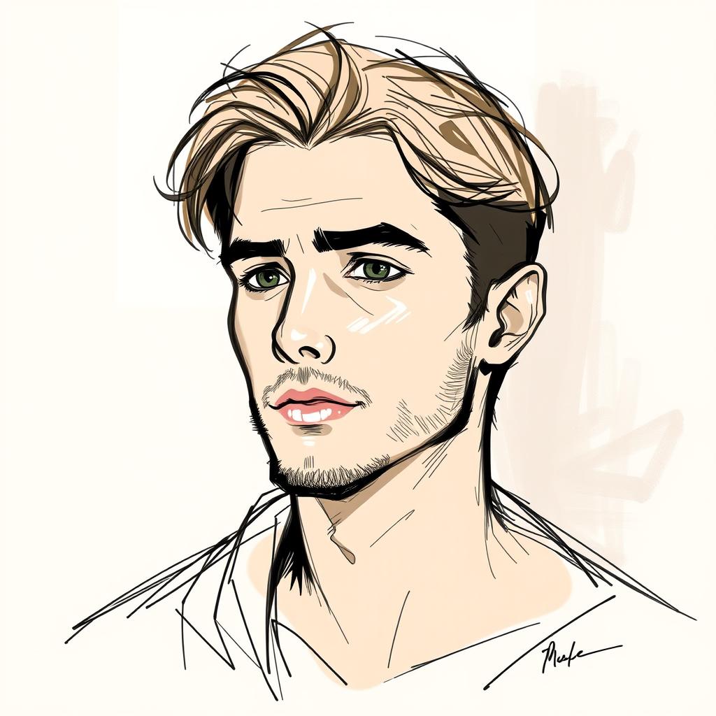 A sketch-style image combining the elements of the first photo and the face from the second, focusing on a male subject