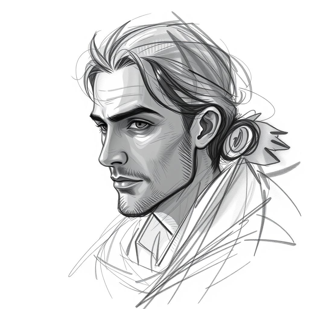 A draft-style artistic rendering combining elements from the first photo and the male face from the second