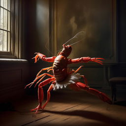 A crayfish styled as a ballerina striking a dramatic pose, in a setting that conjures a sense of history. The scene is taken in the style of a dramatic black and white photograph.