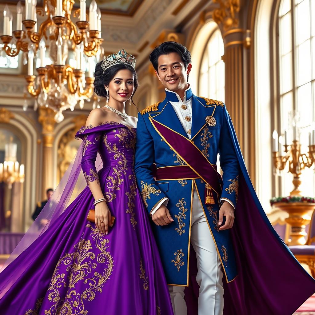 A regal royal couple dressed in luxurious purple and blue attire, adorned with intricate gold embroidery