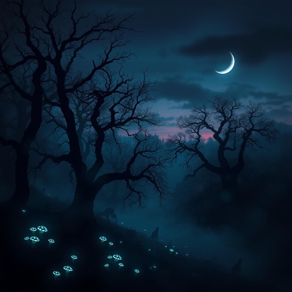 A dark atmospheric scene depicting a mystical forest at twilight, shrouded in shadow and fog