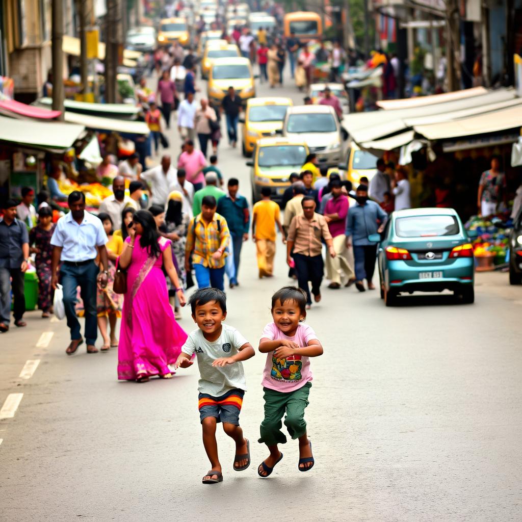 A lively market scene on a bustling road, with two older children playing joyfully in the middle of the street