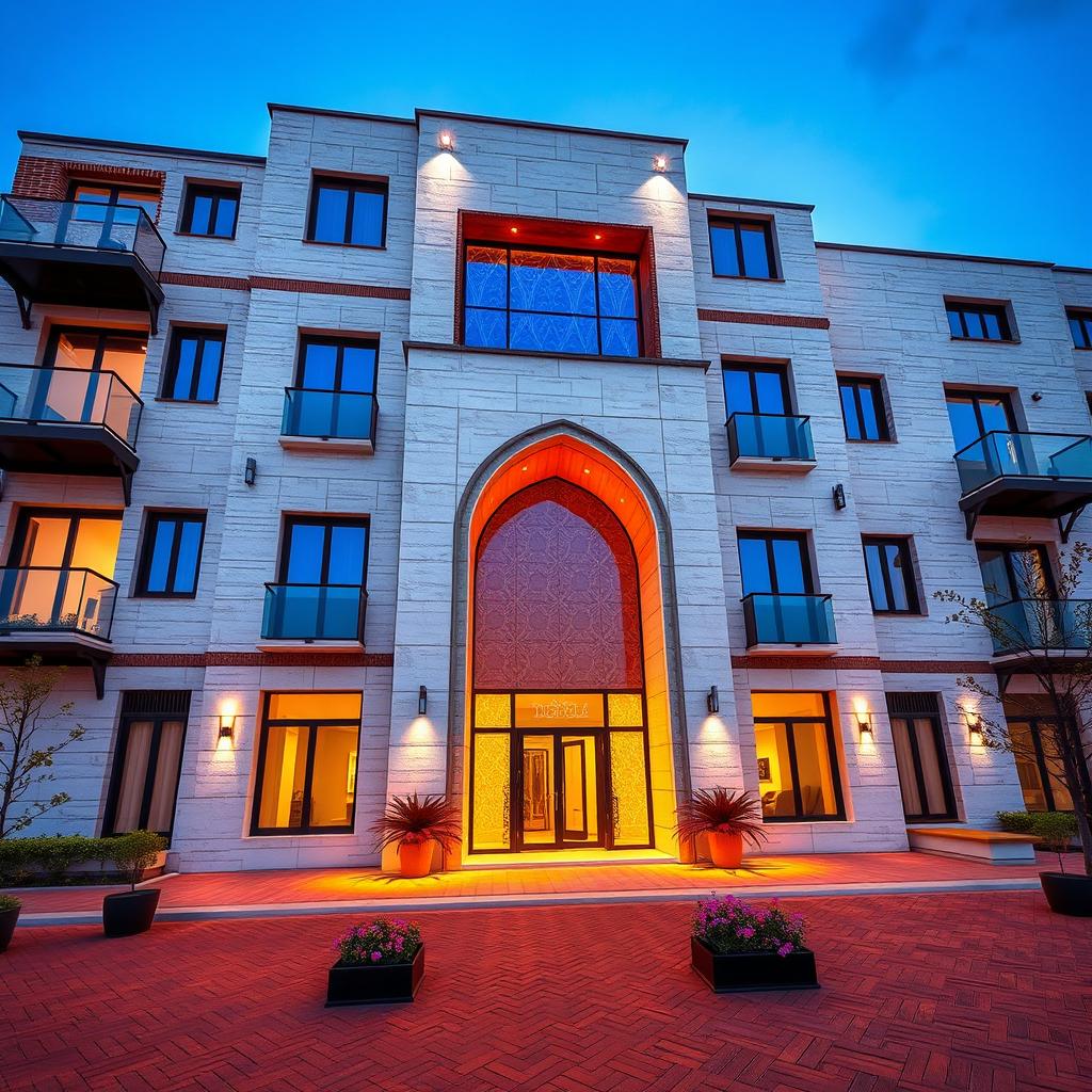A modern 7-story building with a width of 12 meters and a height of 25